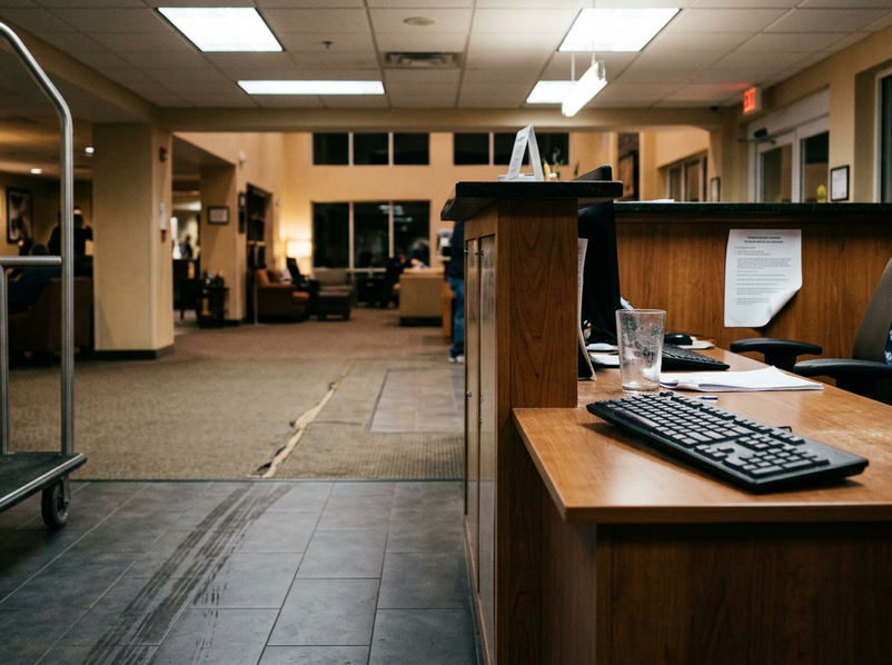 Hotel lobby interior, welcoming environment captured mid-shift