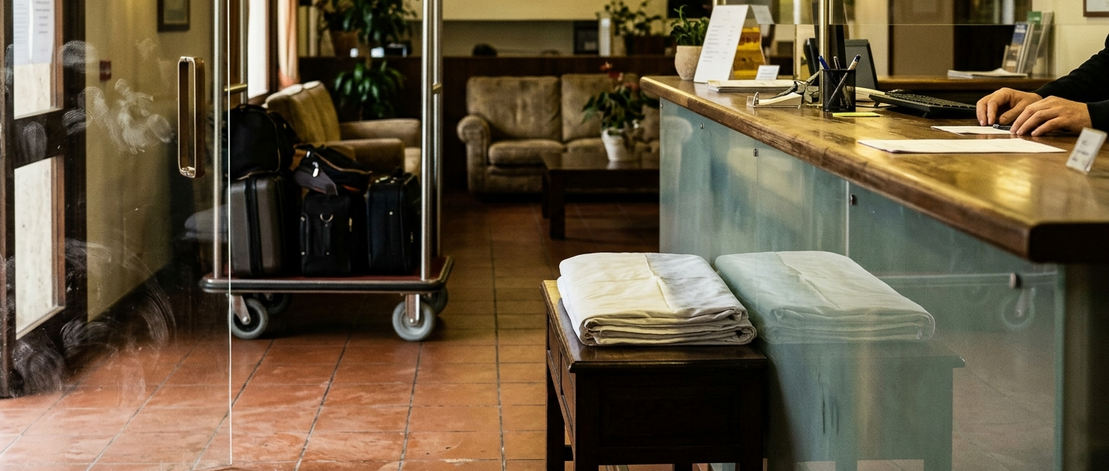 Hotel lobby interior, welcoming environment captured under ordinary working conditions